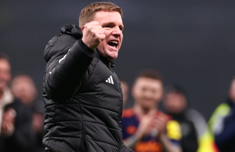 Eddie Howe celebrates in front of travelling Newcastle fans after his side’s midweek win over Tottenham Hotspur.