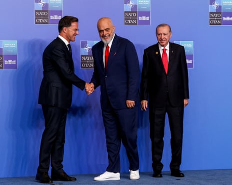 Nato secretary general Mark Rutte and Albanian prime minister Edi Rama shake hands, as Turkey’s President Tayyip Erdogan looks on, at a Nato leaders' summit in Ankara, Turkey.