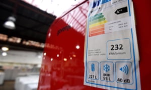 An energy rating label on a refrigerator in a store in Brussels.