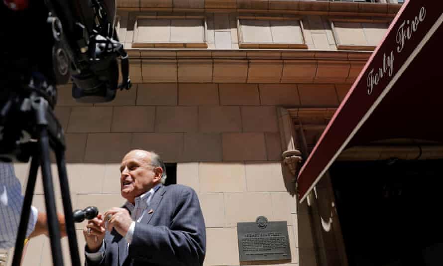 Rudy Giuliani speaks to media extracurricular his flat gathering aft the suspension of his instrumentality licence successful June.