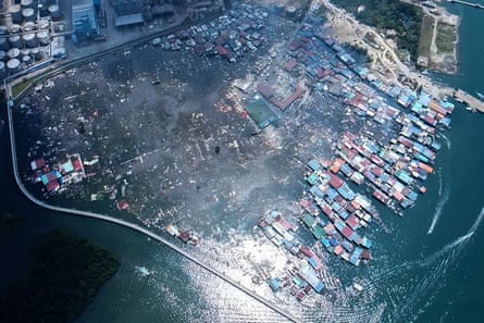 An aerial view of Kampung Bahagia water village after a fire in Sandakan on Malaysia's Borneo island.