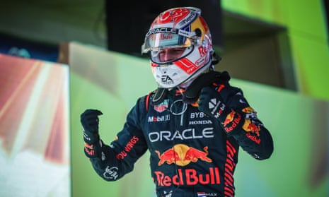 Max Verstappen celebrates winning the opening race of the Formula One season in Bahrain
