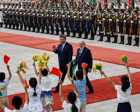 Xi Jinping and Luiz Inácio Lula da Silva attend a welcome ceremony at the Great Hall of the People on May 13, 2025 in Beijing, China.