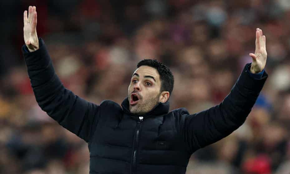 Arsenal’s manager Mikel Arteta during the Carabao Cup semi-final first leg at Liverpool on Thursday.