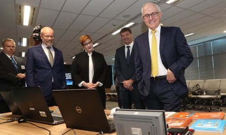 Prime minister Malcolm Turnbull, cyber security minister Angus Taylor and defence minister Marise Payne at the opening of the Australian Cyber Security Centre in Canberra on Thursday.