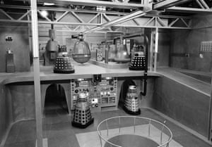 The studio set of the inside of the Dalek control room. The Daleks’ dastardly plan involved dropping a large bomb into the centre of the earth, and a clip of an out of control Dalek falling down the shaft in the middle of this set has become a popular internet meme.
