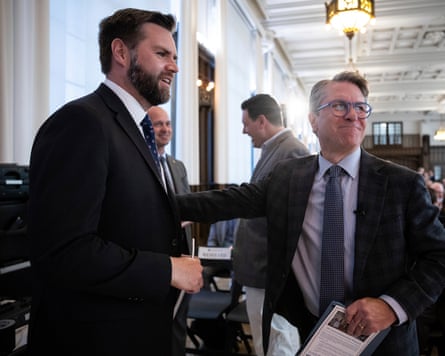 JD Vance and Patrick Deneen at a panel discussion on the future of liberalism at Catholic University, Washington, 17 May 2023.