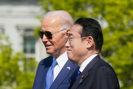 Joe Biden and Fumio Kishida during an official White House state arrival ceremony on the South Lawn of the White House.