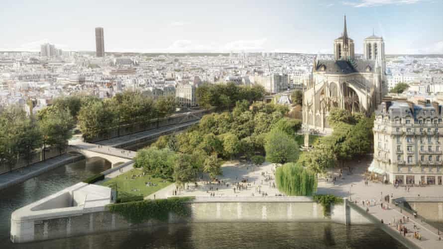 Une grande place continue sera créée entre l'abside et la Seine autour d'une généreuse pelouse.