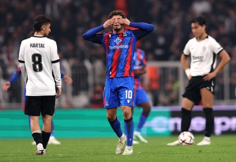Yeremy Pino covers his eyes celebrating a goal for Crystal Palace against Besiktas