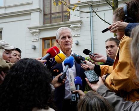 Re-elected Norwegian prime minister Jonas Gahr Store, speaks to the press at the prime minister’s residence in Oslo.