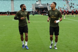 Alexandre Lacazette and Pierre-Emerick Aubameyang during training in Baku on Tuesday.