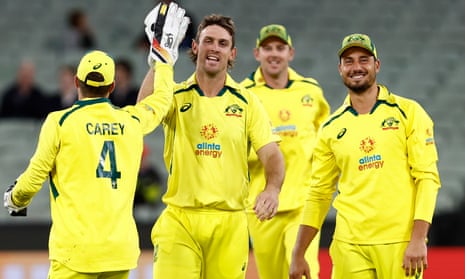 Mitchell Marsh celebrates the wicket of Liam Dawson during game three of the ODI series between Australia and England.