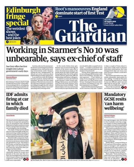 Front page of the Guardian 20 August 2026