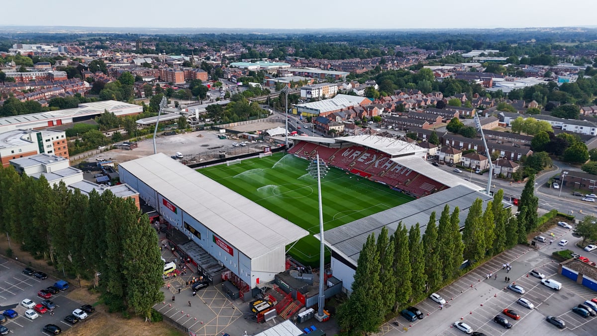 Aerial view of STK Racecourse stadium, home of Wrexham, surrounded by residential streets