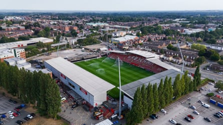 Aerial view of STK Racecourse stadium, home of Wrexham, surrounded by residential streets