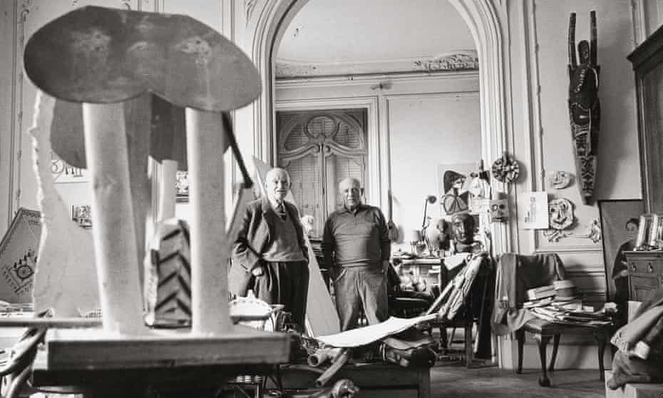 Dealer Daniel-Henry Kahnweiler with Pablo Picasso at the artist’s villa near Cannes, 1957.