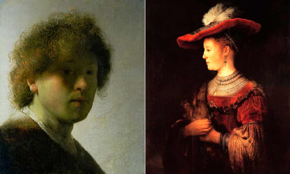 Rembrandt’s Self Portrait as a Young Man, also known as Self-Portrait with Dishevelled Hair, c1628, left, and Half-length Figure of Saskia in a Red Hat, 1642, right