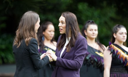 Ardern greets Finland prime minister Sanna Marin, left, in Auckland in November