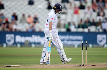 Joe Root reacts after he is bowled by Mohammad Ali before it is ruled out