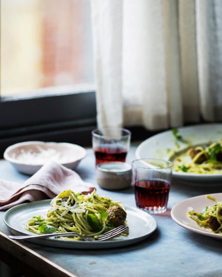 Anna Jones’s spaghetti with pistachio pesto and squash polpette.