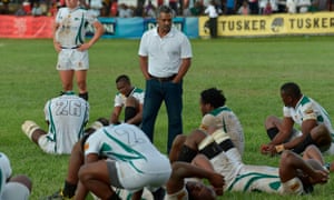 Zimbabwe rugby coach Peter de Villiers with his players after their Rugby Africa match against Kenya last week.