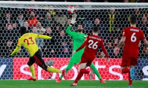 Ismaïla Sarr scores for Watford past Liverpool's Alisson at Vicarage Road