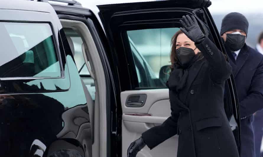 US Vice President Kamala Harris and EPA Administrator Michael Regan visit Wisconsin. Harris waves before getting into the motorcade at the airport in Milwaukee.