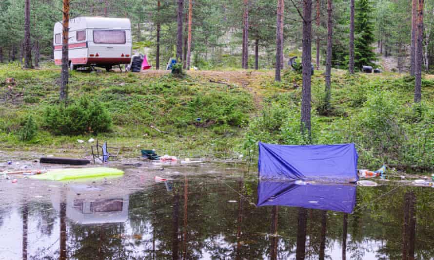 ‘We found an unused spot on flat ground’ … flooded camping equipment after heavy rain.