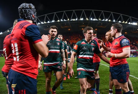 George Ford and his Leicester team-mates leave the field after their second trouncing at Munster within a year.