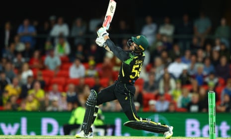 Mitchell Starc hits out during Australia’s three-wicket victory in the first of two T20 matches against West Indies.