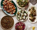 Sam & Sam Clark's autumn meze. Sam & Sam Clark's autumn meze: clockwise from top: tabbouleh; oyster mushrooms with garlic and dill; beetroot, apple and mint; Syrian lentils; roast squash, tahini and chickpeas; and fried aubergines, chilli, yoghurt and mint in the middle.