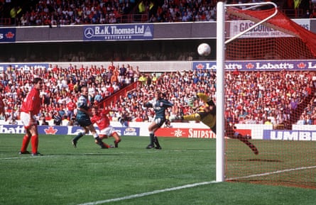 Teddy Sheringham scores the only goal in a 1-0 win for Forest against Liverpool on August 16, 1992.