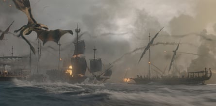 Ships at battle with a dragon flying overhead