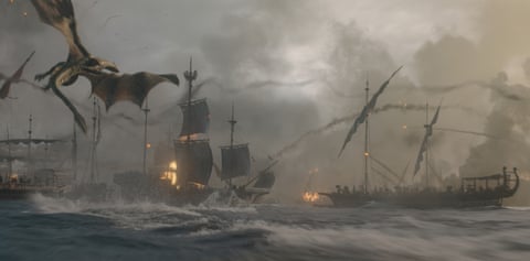 Ships at battle with a dragon flying overhead