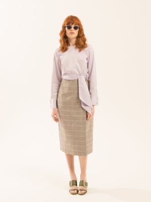 lilac shirt with tied waist Kitristuido.com brown orange cream checked skirt Kitristudio.com khaki green shoes with diamante buckles Senso.com.au clear framed sunglasses illesteva.com