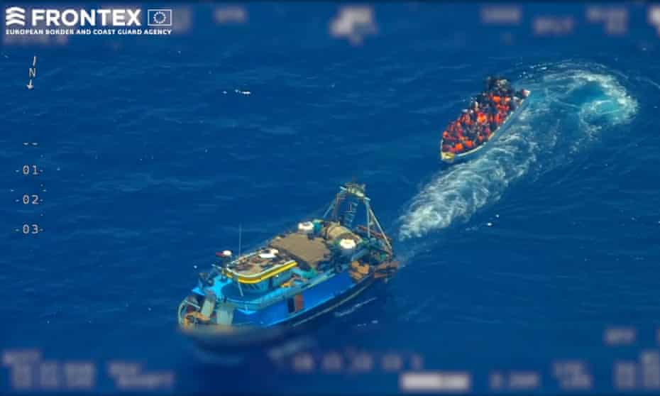 Frontex footage of people smugglers and migrants spotted in the Mediterranean.