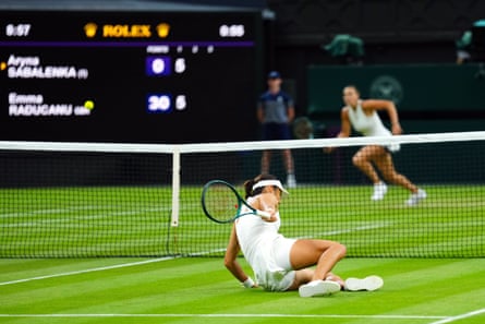 Emma Raducanu slips during her third-round match against Aryna Sabalenka.