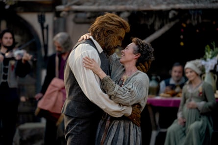 Olivia Colman's Fisherwoman embraces Alexander Skarsgård's beast-faced Wicker Husband outdoors