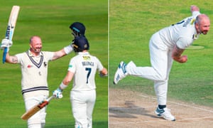 Kent’s Darren Stevens celebrates his century with Sam Billings (left) and bowling during his five wicket haul at Headingley in September 2019.