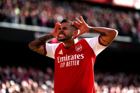 Bruno Guimaraes celebrates scoring Arsenal’s second goal.