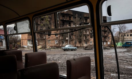 A residential apartment block in Trostianets occupied by the Russian army and damaged by the Ukrainian army when they recently retook the town