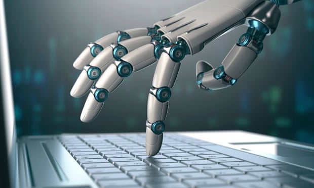 Robotic hand using a laptop computer.