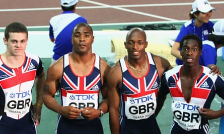Christian Malcolm (right) with Craig Pickering, Mark Lewis-Francis and Marlon Devonish after competing in the men’s 4 x 100m relay at the World Athletics Championships in Osaka in 2007.