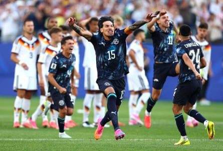 Gustavo Gómez of Paraguay looks delighted after José Canale scored the winning penalty in a shootout against Germany in Boston.