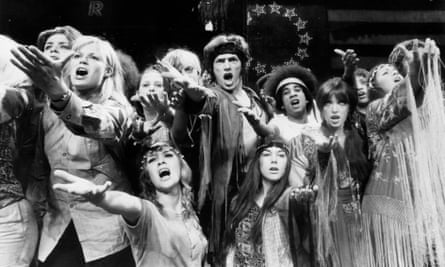 The cast rehearse for the 1968 production of Hair before it opened at the Shaftesbury Theatre in London’s West End.
