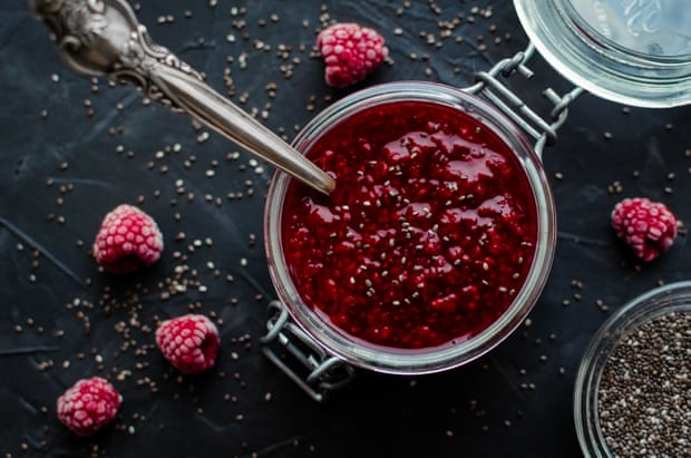 Homemade raspberry jam with chia seeds