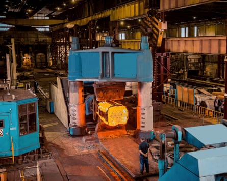 Hot metal block being heat treated at Somers Forge industrial facility
