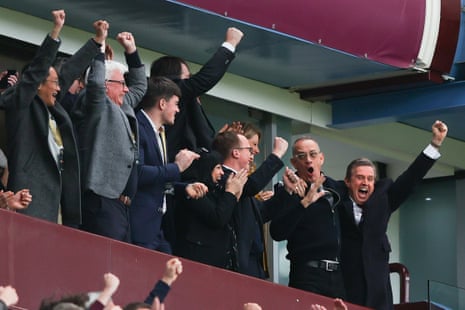 American actor Tom Hanks celebrates Aston Villa’s first goal against Arsenal at Villa Park during a trip to the UK