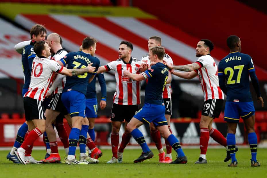 Sheffield United and Southampton players clash at the end of their fixture at Bramall Lane.
